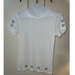 White short sleeve with silver ring cutouts size XS